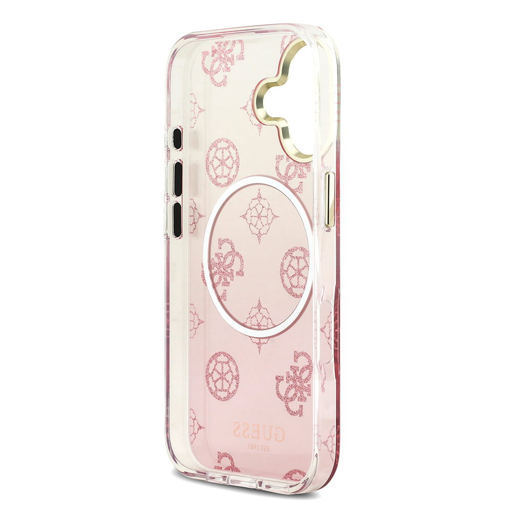 Apple iPhone 17 Kılıf Guess Simli Peony Desenli M-safe Şarj Özellikli Sert Silikon Kapak Pembe
