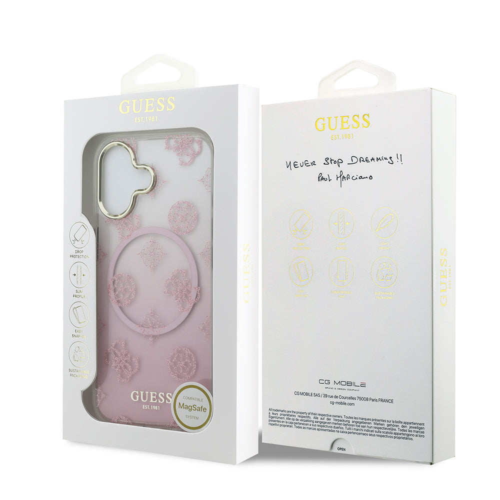 Apple iPhone 17 Kılıf Guess Simli Peony Desenli M-safe Şarj Özellikli Sert Silikon Kapak Pembe