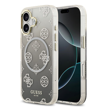 Apple iPhone 17 Kılıf Guess Simli Peony Desenli M-safe Şarj Özellikli Sert Silikon Kapak Siyah