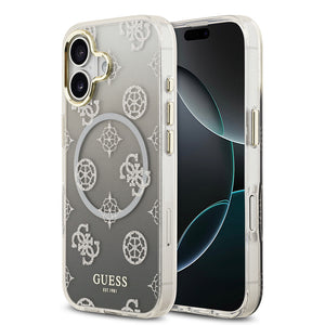 Apple iPhone 17 Kılıf Guess Simli Peony Desenli M-safe Şarj Özellikli Sert Silikon Kapak Siyah