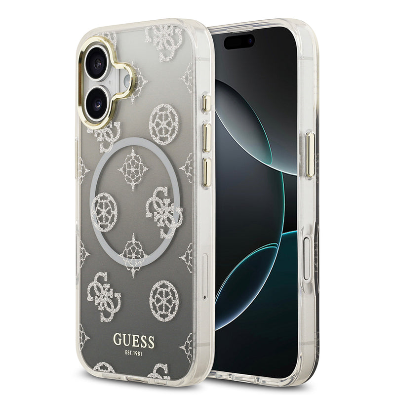 Apple iPhone 17 Kılıf Guess Simli Peony Desenli M-safe Şarj Özellikli Sert Silikon Kapak Siyah