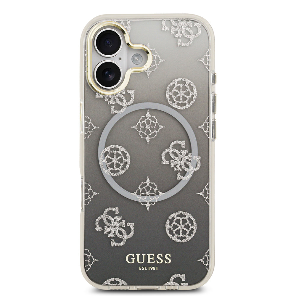 Apple iPhone 17 Kılıf Guess Simli Peony Desenli M-safe Şarj Özellikli Sert Silikon Kapak Siyah