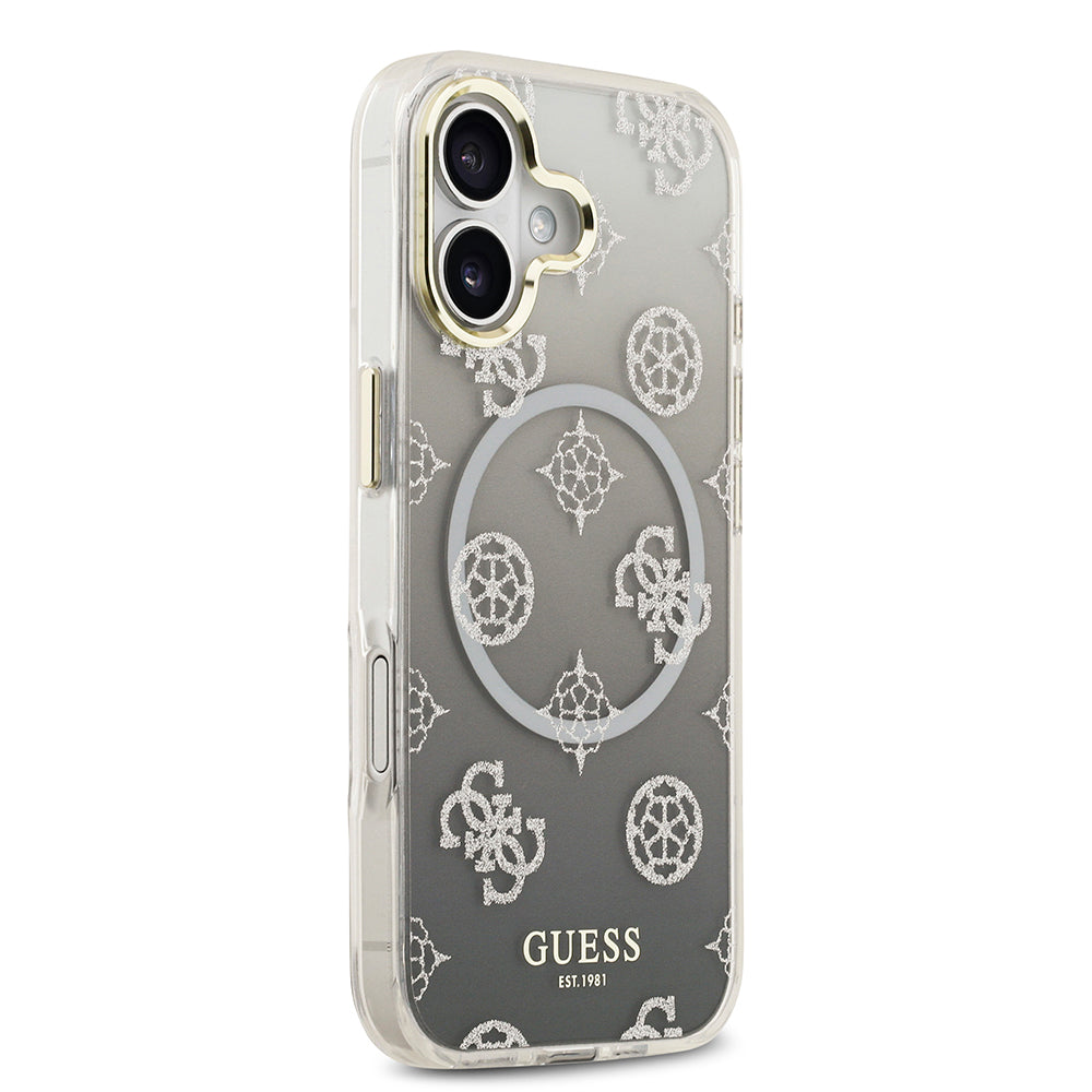 Apple iPhone 17 Kılıf Guess Simli Peony Desenli M-safe Şarj Özellikli Sert Silikon Kapak Siyah