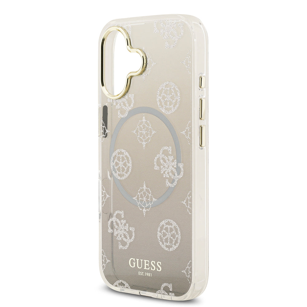 Apple iPhone 17 Kılıf Guess Simli Peony Desenli M-safe Şarj Özellikli Sert Silikon Kapak Siyah