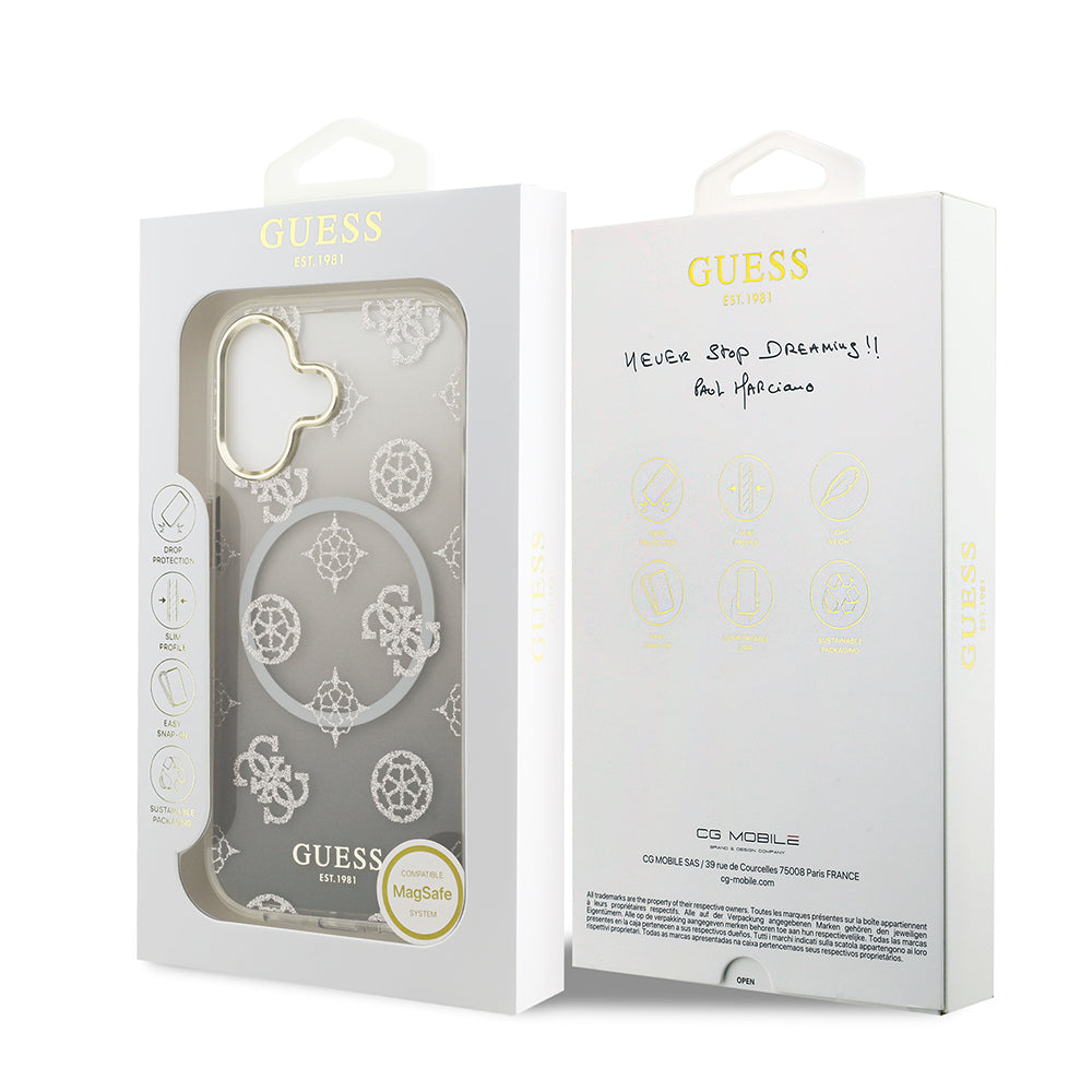 Apple iPhone 17 Kılıf Guess Simli Peony Desenli M-safe Şarj Özellikli Sert Silikon Kapak Siyah