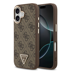 Apple iPhone 17 Kılıf M-Safe Şarj Özellikli Guess Gold Metal Kamera Çerçeveli Taşlı Üçgen Logolu Kapak Kahverengi