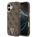 Apple iPhone 17 Kılıf M-Safe Şarj Özellikli Guess Gold Metal Kamera Çerçeveli Taşlı Üçgen Logolu Kapak Kahverengi