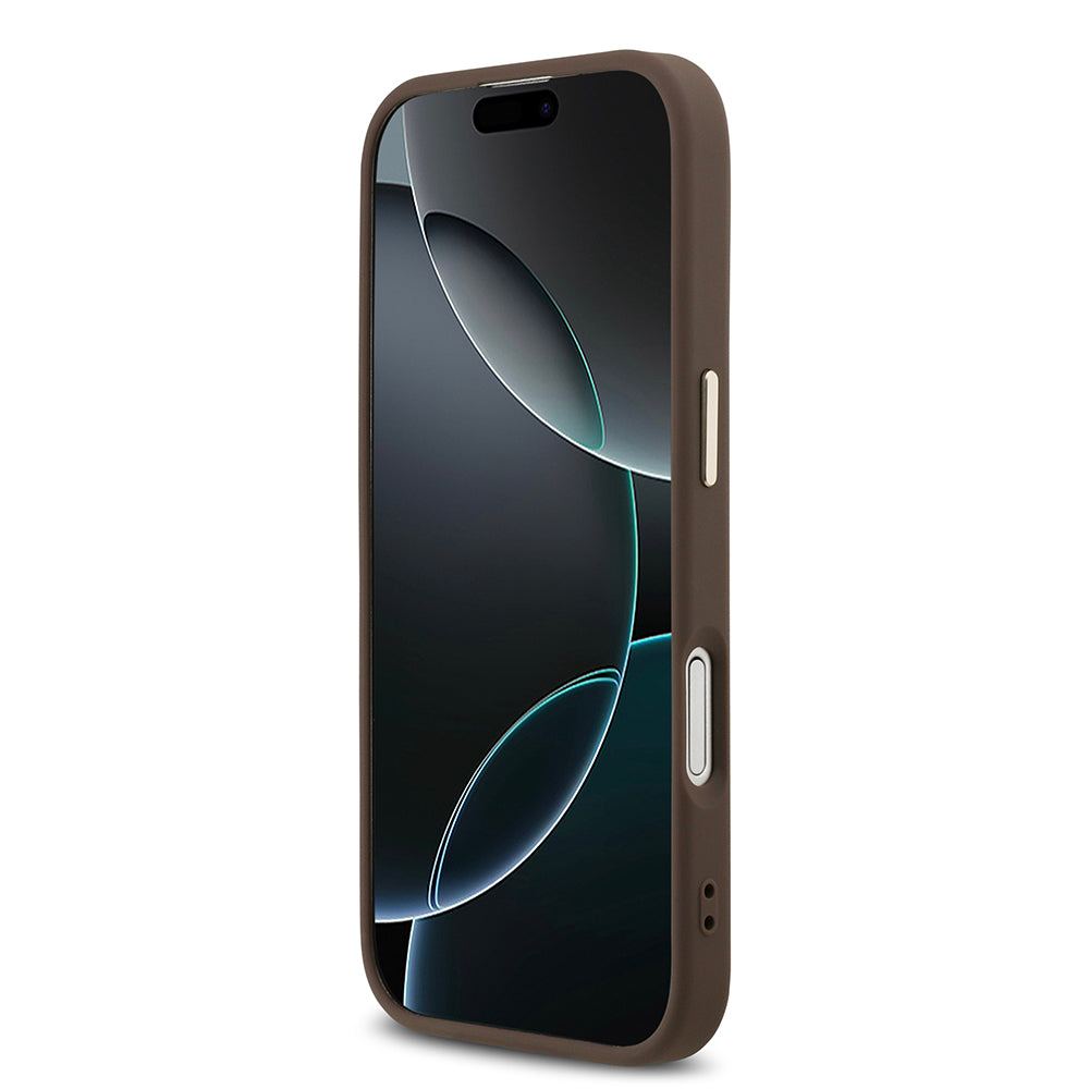 Apple iPhone 17 Kılıf M-Safe Şarj Özellikli Guess Gold Metal Kamera Çerçeveli Taşlı Üçgen Logolu Kapak Kahverengi