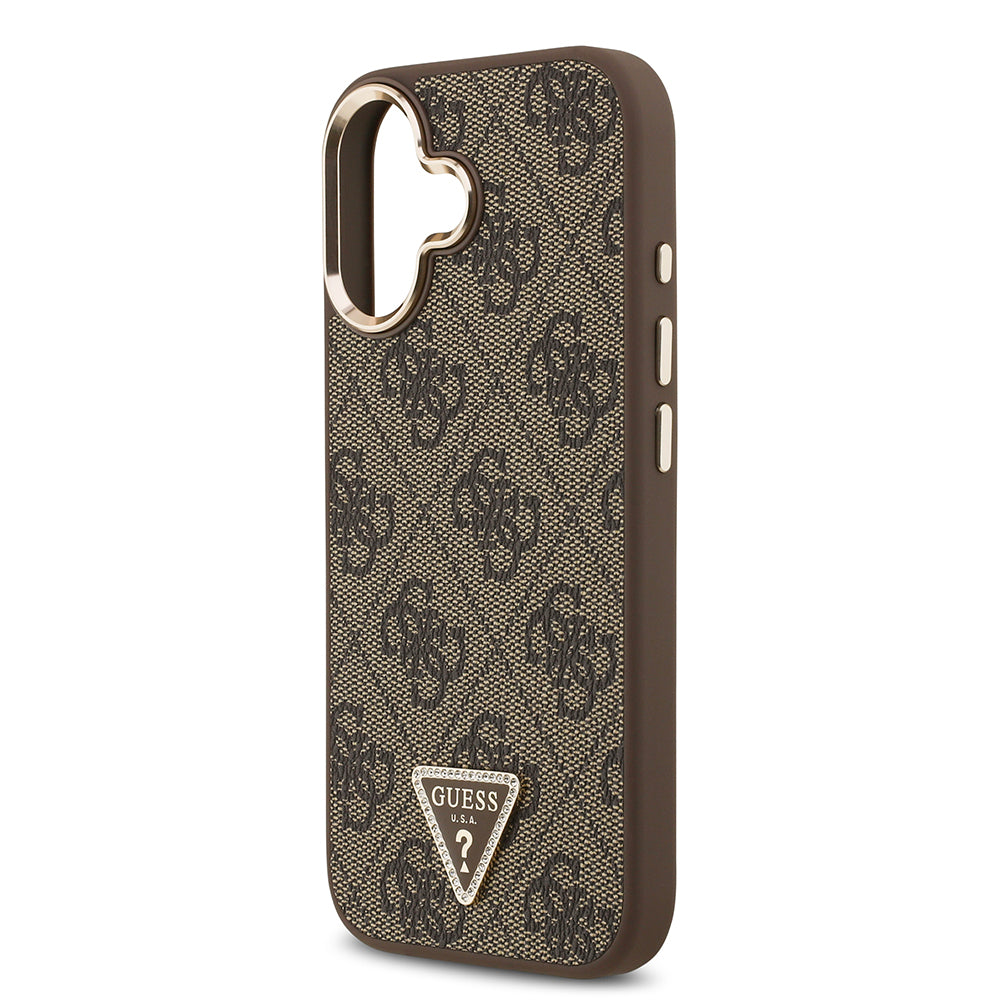 Apple iPhone 17 Kılıf M-Safe Şarj Özellikli Guess Gold Metal Kamera Çerçeveli Taşlı Üçgen Logolu Kapak Kahverengi