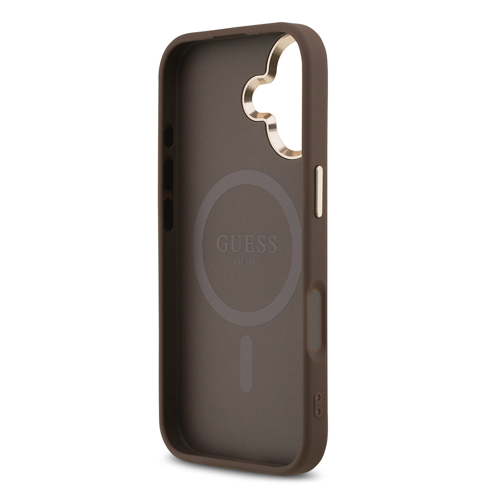 Apple iPhone 17 Kılıf M-Safe Şarj Özellikli Guess Gold Metal Kamera Çerçeveli Taşlı Üçgen Logolu Kapak Kahverengi