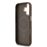 Apple iPhone 17 Kılıf M-Safe Şarj Özellikli Guess Gold Metal Kamera Çerçeveli Taşlı Üçgen Logolu Kapak Kahverengi