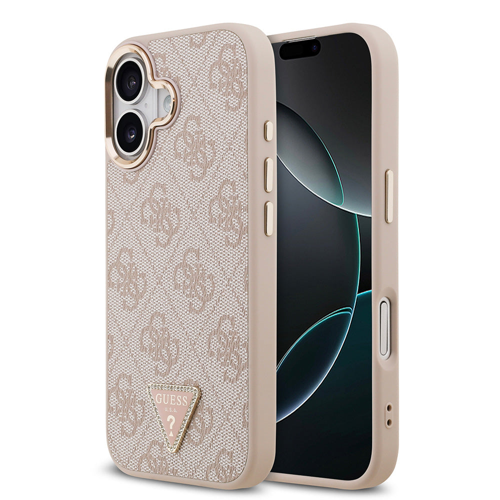 Apple iPhone 17 Kılıf M-Safe Şarj Özellikli Guess Gold Metal Kamera Çerçeveli Taşlı Üçgen Logolu Kapak Pembe