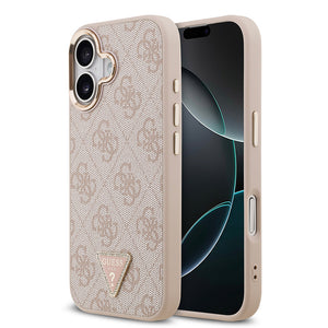 Apple iPhone 17 Kılıf M-Safe Şarj Özellikli Guess Gold Metal Kamera Çerçeveli Taşlı Üçgen Logolu Kapak Pembe