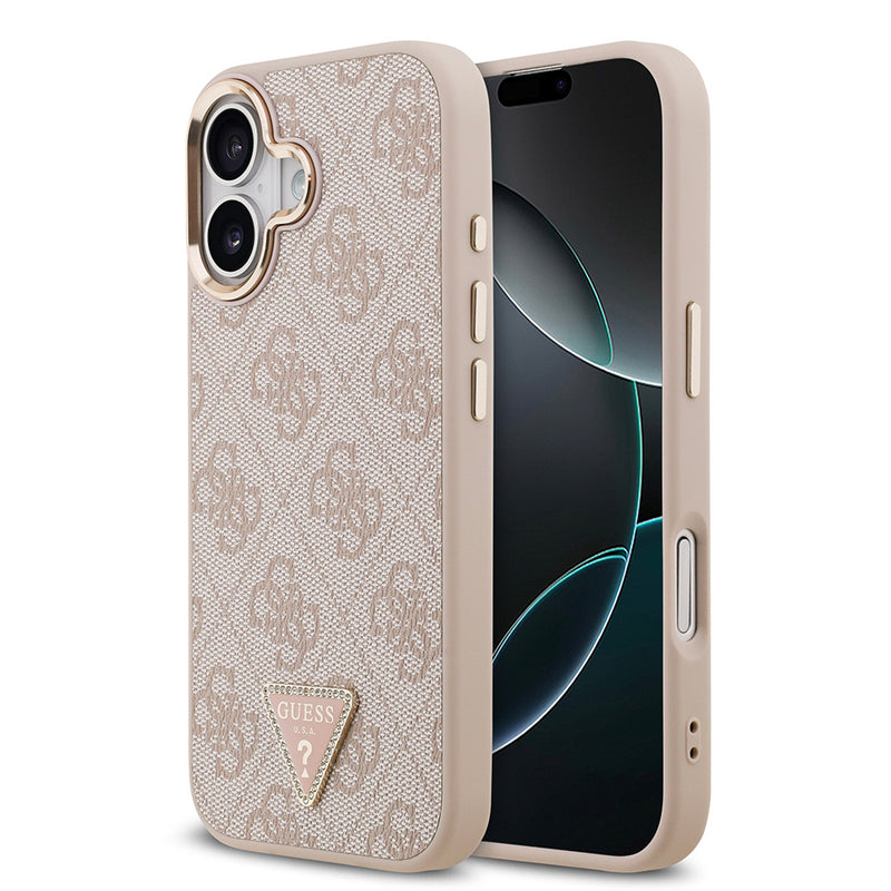 Apple iPhone 17 Kılıf M-Safe Şarj Özellikli Guess Gold Metal Kamera Çerçeveli Taşlı Üçgen Logolu Kapak Pembe