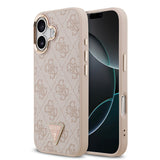 Apple iPhone 17 Kılıf M-Safe Şarj Özellikli Guess Gold Metal Kamera Çerçeveli Taşlı Üçgen Logolu Kapak Pembe