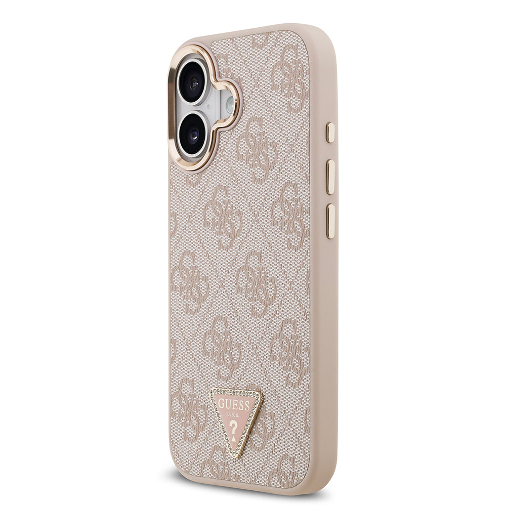 Apple iPhone 17 Kılıf M-Safe Şarj Özellikli Guess Gold Metal Kamera Çerçeveli Taşlı Üçgen Logolu Kapak Pembe