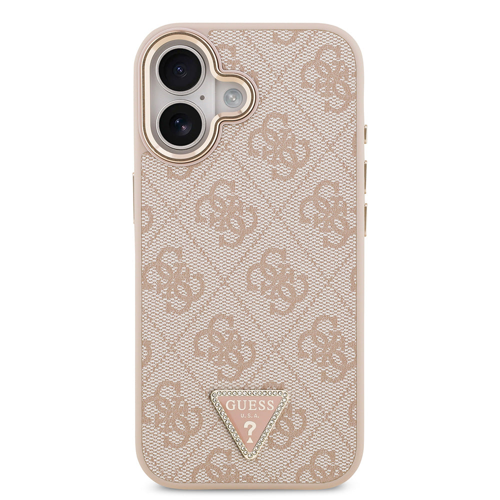 Apple iPhone 17 Kılıf M-Safe Şarj Özellikli Guess Gold Metal Kamera Çerçeveli Taşlı Üçgen Logolu Kapak Pembe