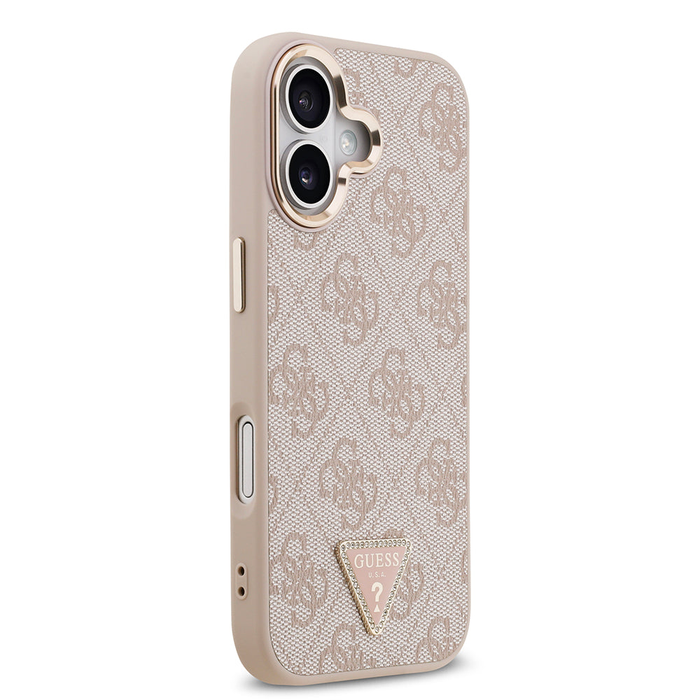 Apple iPhone 17 Kılıf M-Safe Şarj Özellikli Guess Gold Metal Kamera Çerçeveli Taşlı Üçgen Logolu Kapak Pembe