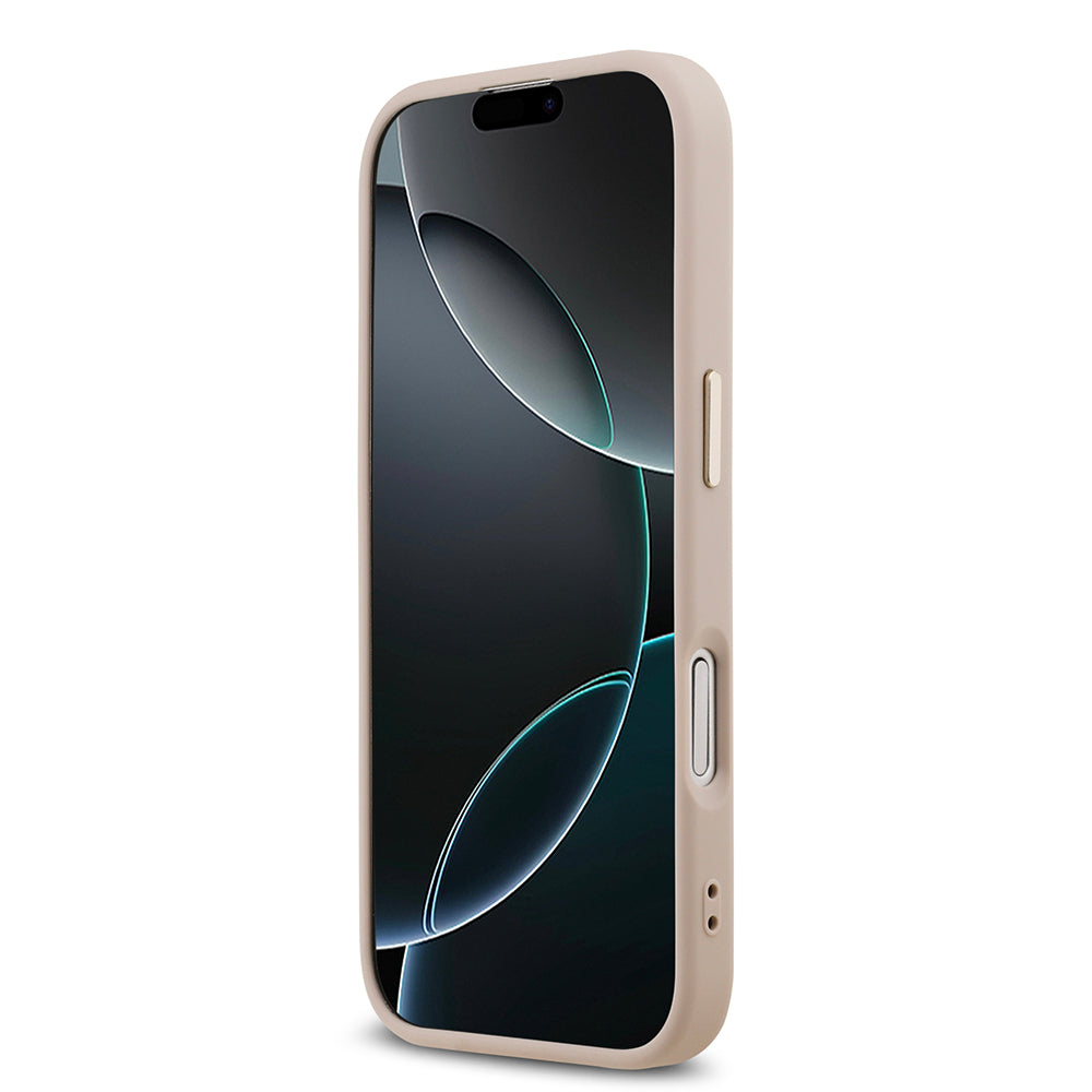 Apple iPhone 17 Kılıf M-Safe Şarj Özellikli Guess Gold Metal Kamera Çerçeveli Taşlı Üçgen Logolu Kapak Pembe