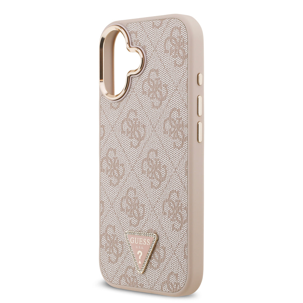 Apple iPhone 17 Kılıf M-Safe Şarj Özellikli Guess Gold Metal Kamera Çerçeveli Taşlı Üçgen Logolu Kapak Pembe