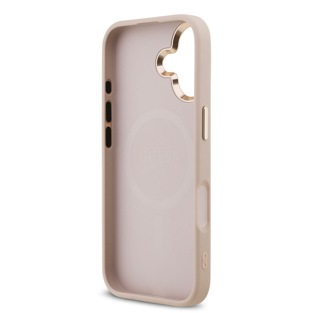 Apple iPhone 17 Kılıf M-Safe Şarj Özellikli Guess Gold Metal Kamera Çerçeveli Taşlı Üçgen Logolu Kapak Pembe