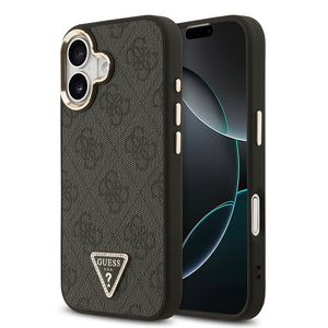 Apple iPhone 17 Kılıf M-Safe Şarj Özellikli Guess Gold Metal Kamera Çerçeveli Taşlı Üçgen Logolu Kapak Siyah