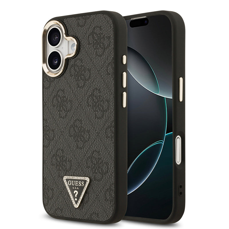 Apple iPhone 17 Kılıf M-Safe Şarj Özellikli Guess Gold Metal Kamera Çerçeveli Taşlı Üçgen Logolu Kapak Siyah
