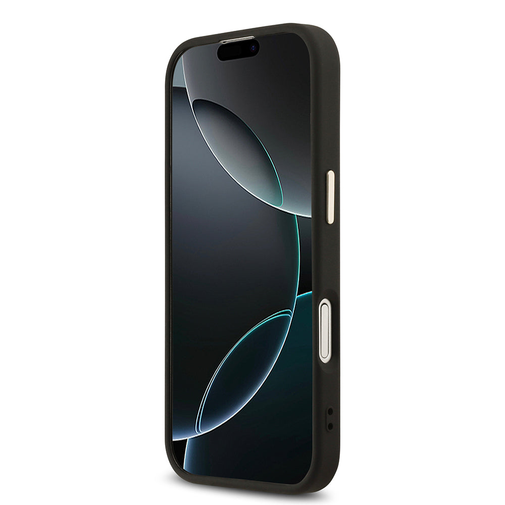 Apple iPhone 17 Kılıf M-Safe Şarj Özellikli Guess Gold Metal Kamera Çerçeveli Taşlı Üçgen Logolu Kapak Siyah