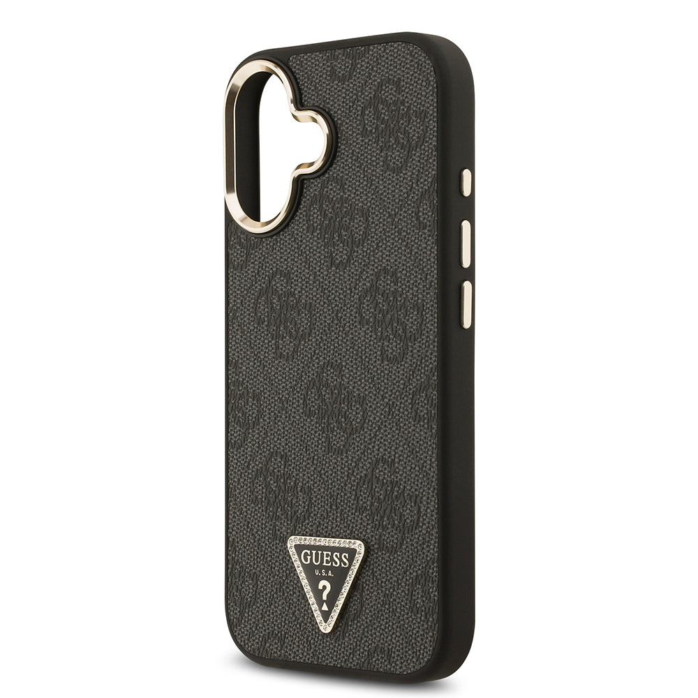 Apple iPhone 17 Kılıf M-Safe Şarj Özellikli Guess Gold Metal Kamera Çerçeveli Taşlı Üçgen Logolu Kapak Siyah
