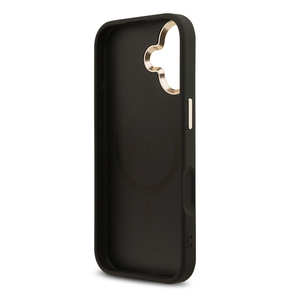 Apple iPhone 17 Kılıf M-Safe Şarj Özellikli Guess Gold Metal Kamera Çerçeveli Taşlı Üçgen Logolu Kapak Siyah