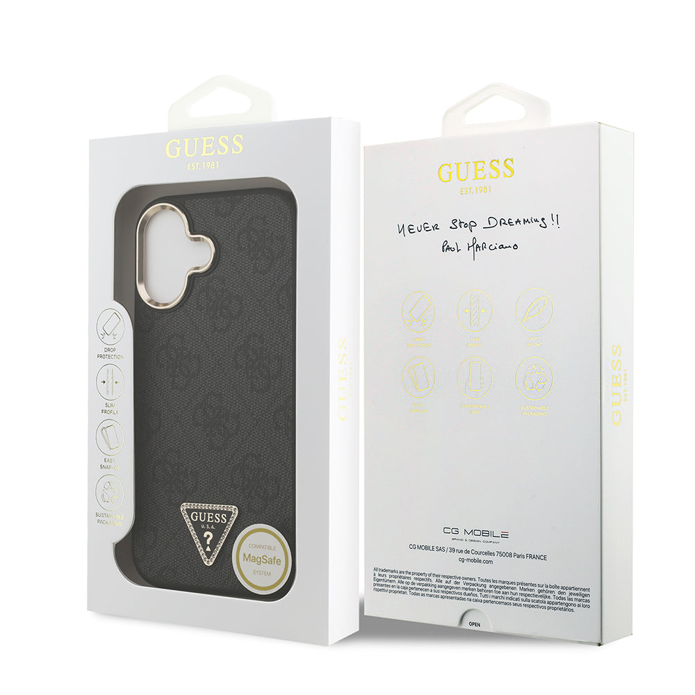Apple iPhone 17 Kılıf M-Safe Şarj Özellikli Guess Gold Metal Kamera Çerçeveli Taşlı Üçgen Logolu Kapak Siyah