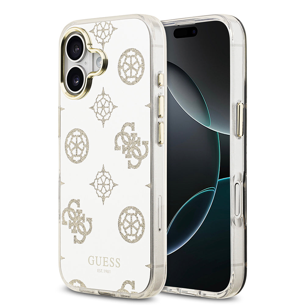 Apple iPhone 17 Kılıf M-Safe Şarj Özellikli Guess Metal Kamera Çerçeveli Peony Simli Aynalı Kapak Gold
