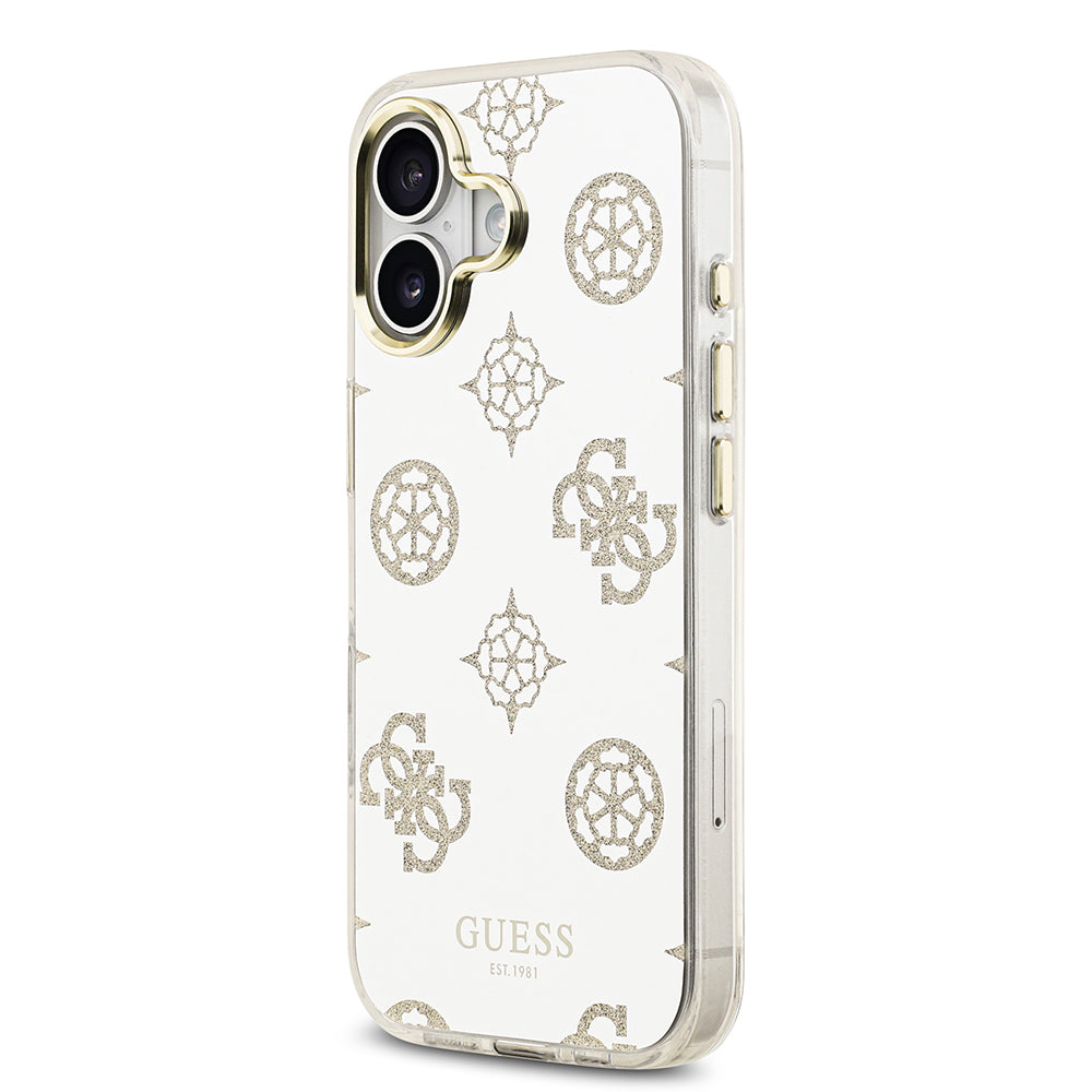 Apple iPhone 17 Kılıf M-Safe Şarj Özellikli Guess Metal Kamera Çerçeveli Peony Simli Aynalı Kapak Gold