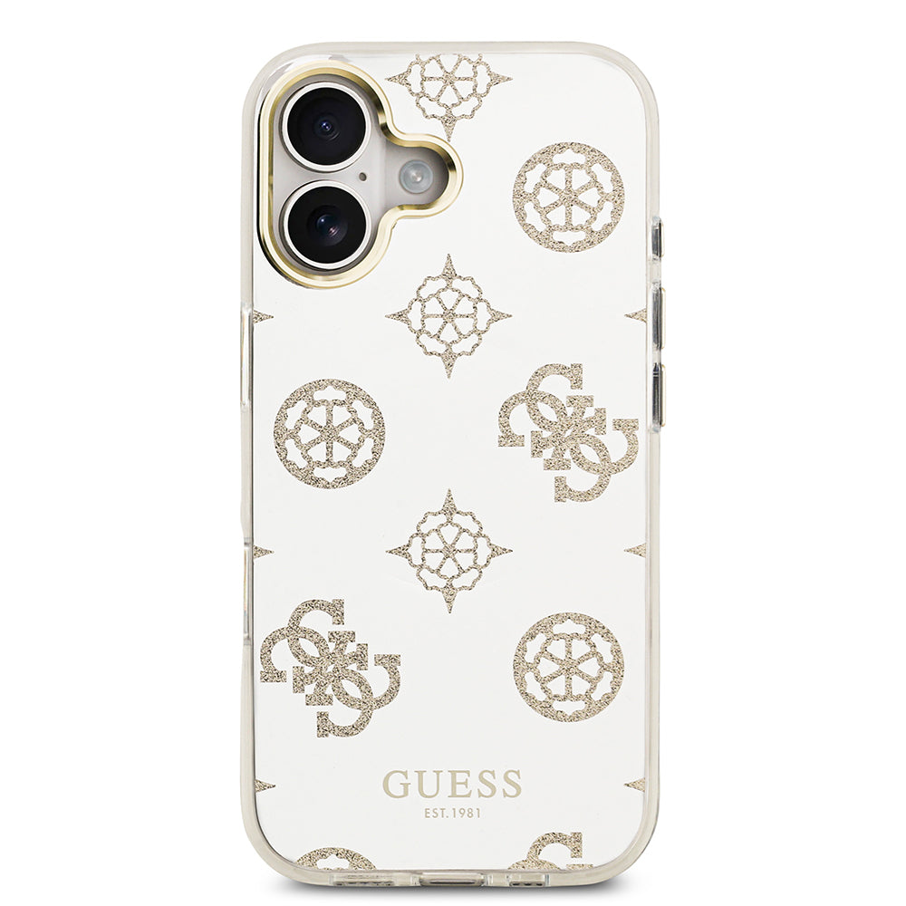 Apple iPhone 17 Kılıf M-Safe Şarj Özellikli Guess Metal Kamera Çerçeveli Peony Simli Aynalı Kapak Gold