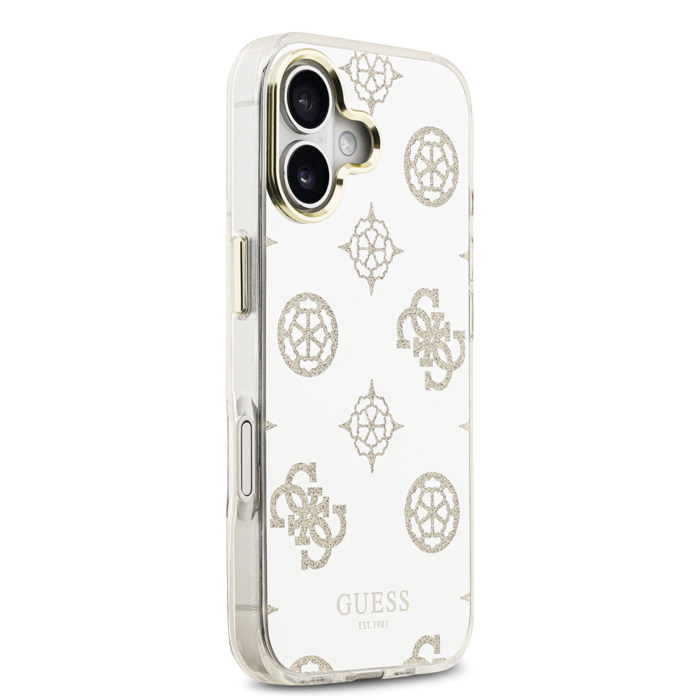 Apple iPhone 17 Kılıf M-Safe Şarj Özellikli Guess Metal Kamera Çerçeveli Peony Simli Aynalı Kapak Gold