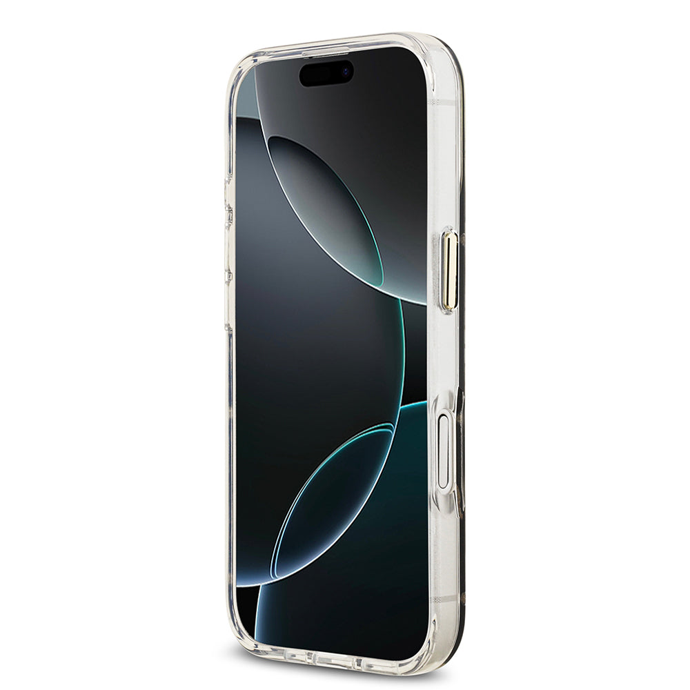 Apple iPhone 17 Kılıf M-Safe Şarj Özellikli Guess Metal Kamera Çerçeveli Peony Simli Aynalı Kapak Gold