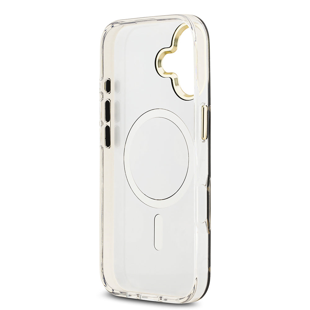 Apple iPhone 17 Kılıf M-Safe Şarj Özellikli Guess Metal Kamera Çerçeveli Peony Simli Aynalı Kapak Gold