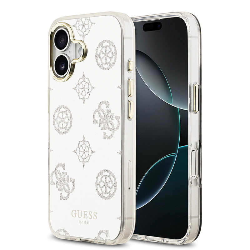 Apple iPhone 17 Kılıf M-Safe Şarj Özellikli Guess Metal Kamera Çerçeveli Peony Simli Aynalı Kapak Gümüş