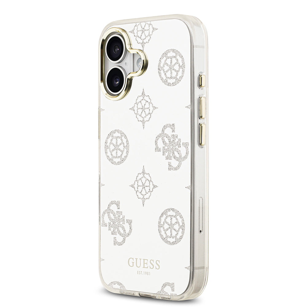 Apple iPhone 17 Kılıf M-Safe Şarj Özellikli Guess Metal Kamera Çerçeveli Peony Simli Aynalı Kapak Gümüş