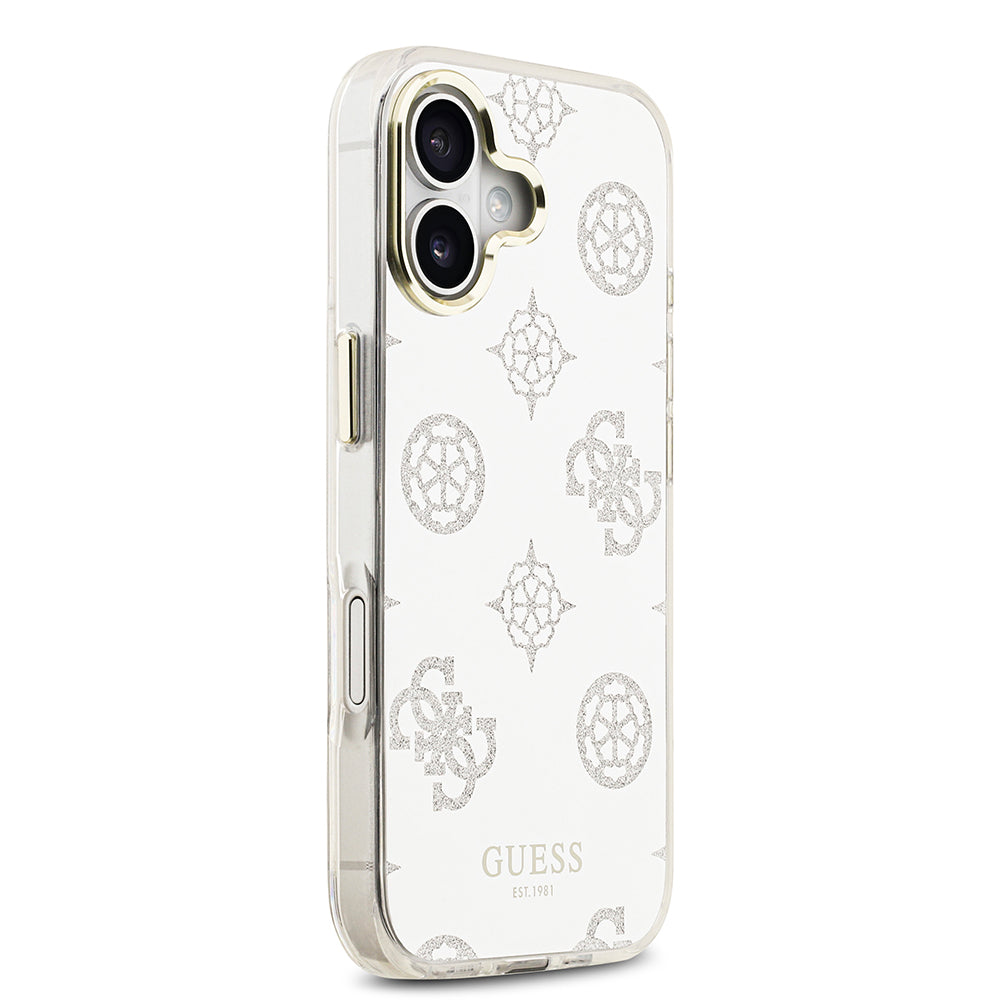 Apple iPhone 17 Kılıf M-Safe Şarj Özellikli Guess Metal Kamera Çerçeveli Peony Simli Aynalı Kapak Gümüş
