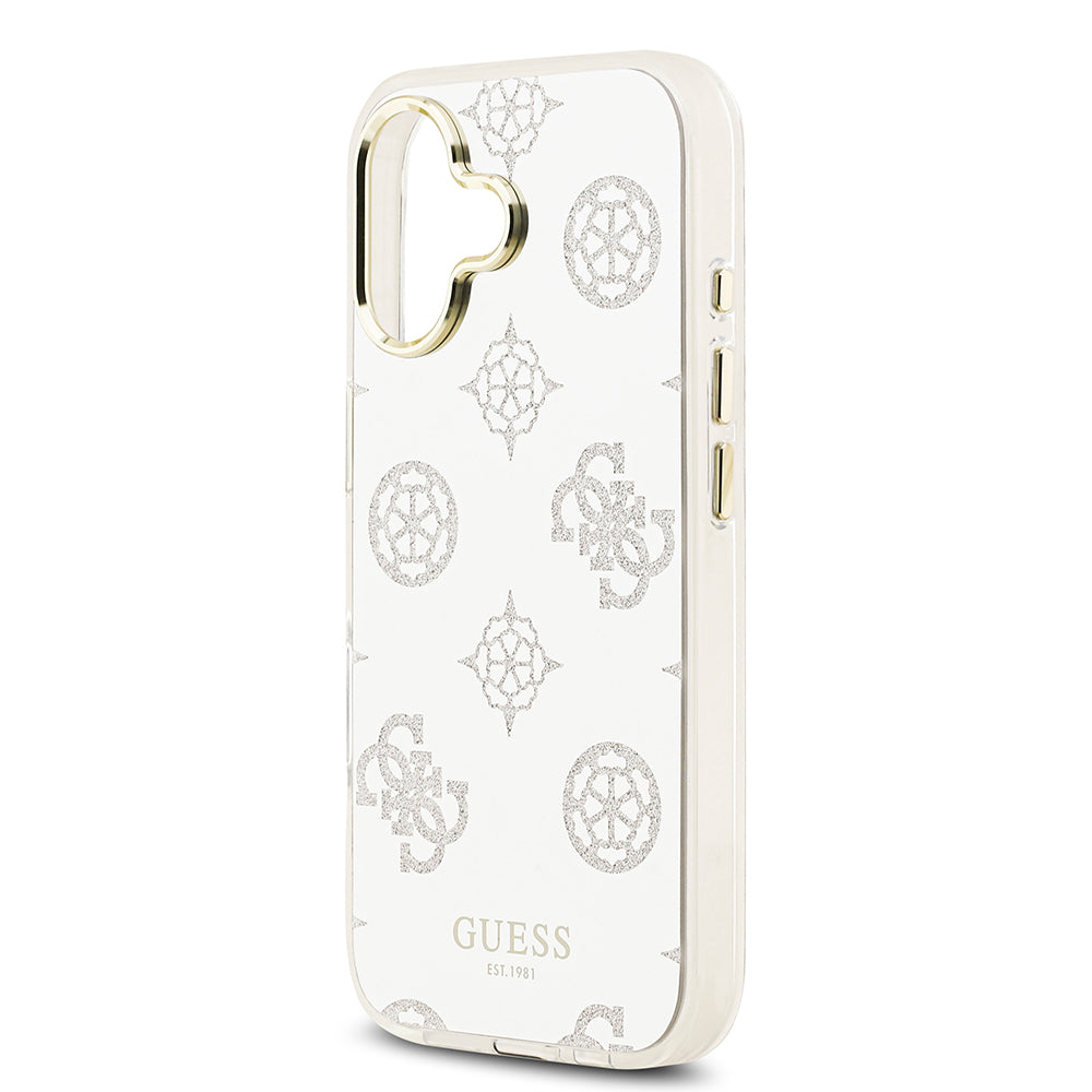 Apple iPhone 17 Kılıf M-Safe Şarj Özellikli Guess Metal Kamera Çerçeveli Peony Simli Aynalı Kapak Gümüş