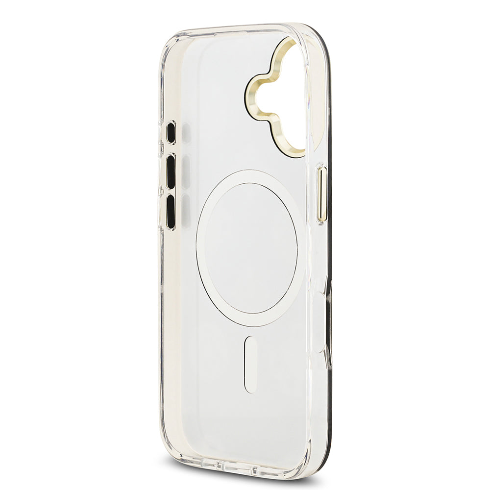 Apple iPhone 17 Kılıf M-Safe Şarj Özellikli Guess Metal Kamera Çerçeveli Peony Simli Aynalı Kapak Gümüş