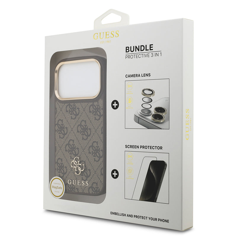 Apple iPhone 17 Pro Guess 3'lü Aksesuar Seti 4G ve Yazı Logolu Kılıf Ekran ve Lens Koruyucu Kahverengi