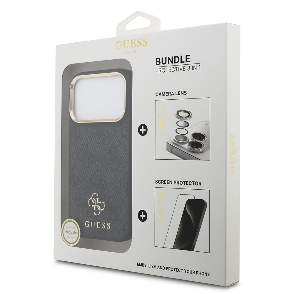 Apple iPhone 17 Pro Guess 3'lü Aksesuar Seti 4G ve Yazı Logolu Kılıf Ekran ve Lens Koruyucu Siyah
