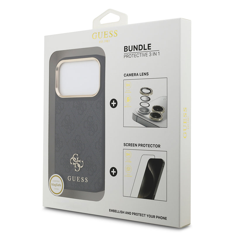 Apple iPhone 17 Pro Guess 3'lü Aksesuar Seti 4G ve Yazı Logolu Kılıf Ekran ve Lens Koruyucu Siyah