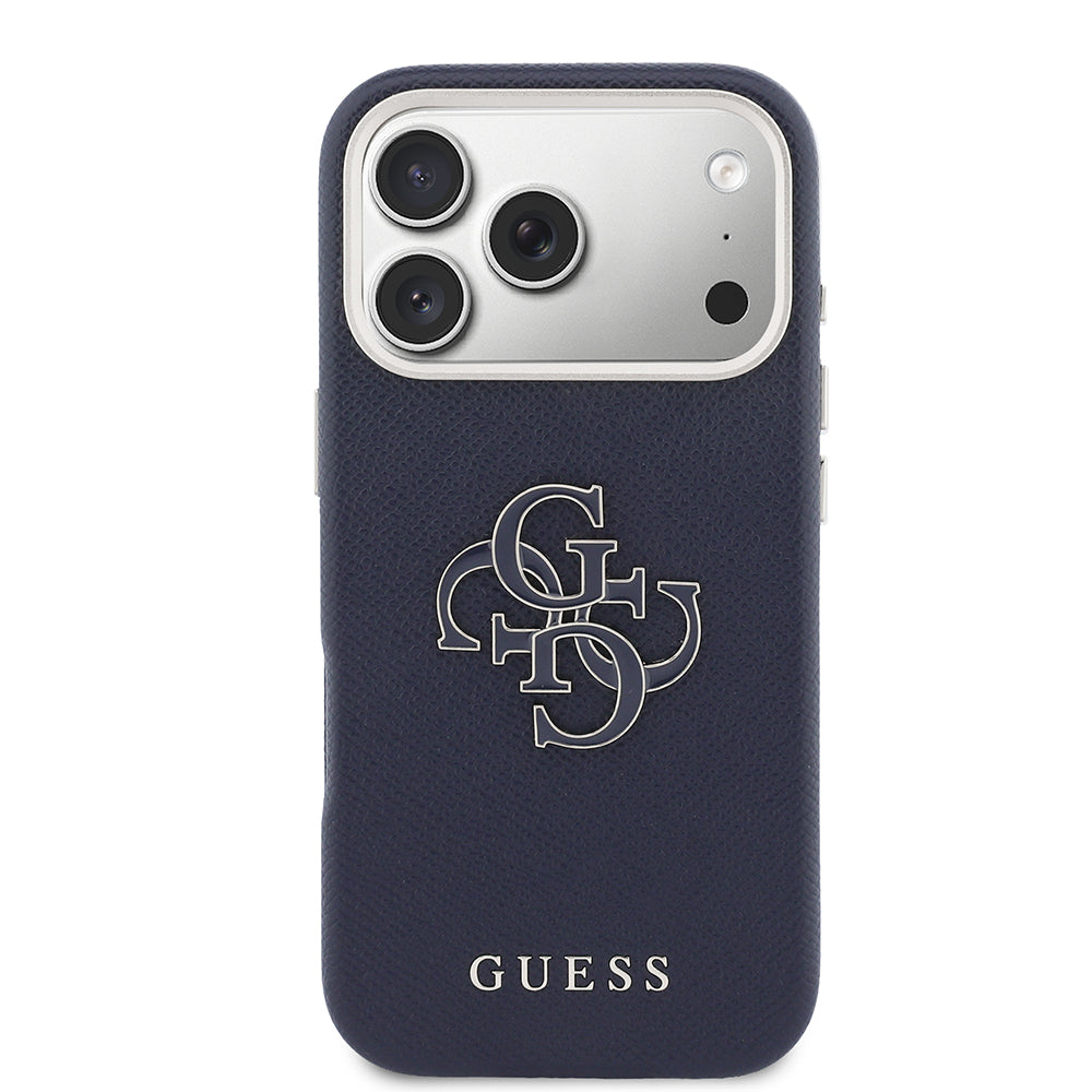 Apple iPhone 17 Pro Kılıf Guess 4G Büyük Metal Kamera Çerçeveli PU Deri Resin Kapak Mavi