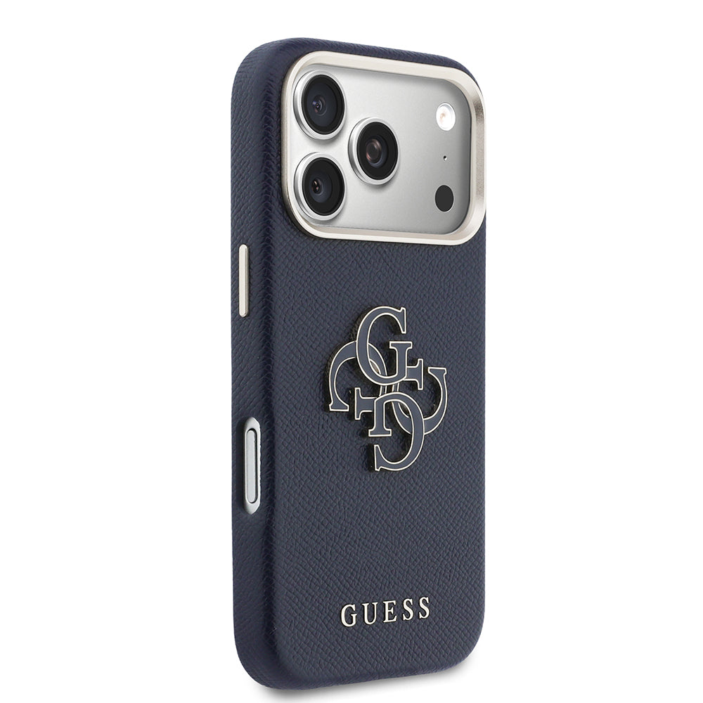 Apple iPhone 17 Pro Kılıf Guess 4G Büyük Metal Kamera Çerçeveli PU Deri Resin Kapak Mavi