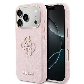 Apple iPhone 17 Pro Kılıf Guess 4G Büyük Metal Kamera Çerçeveli PU Deri Resin Kapak Pembe