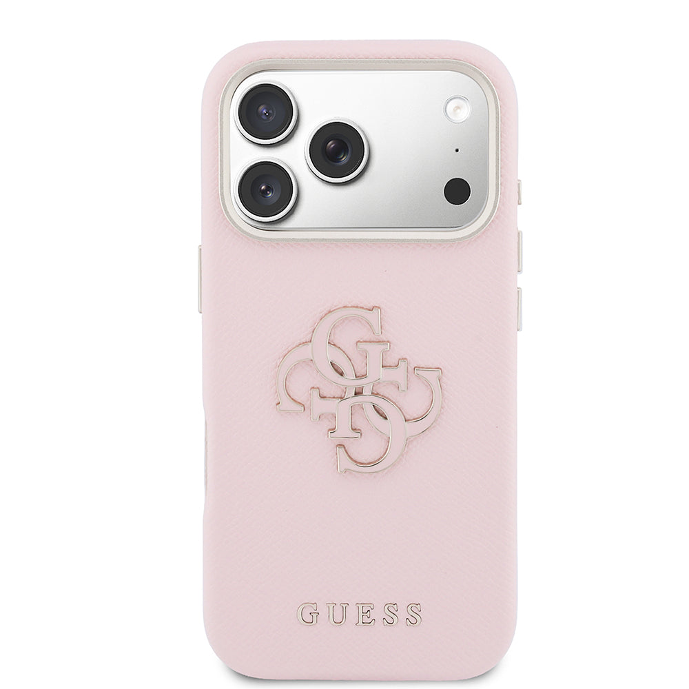 Apple iPhone 17 Pro Kılıf Guess 4G Büyük Metal Kamera Çerçeveli PU Deri Resin Kapak Pembe