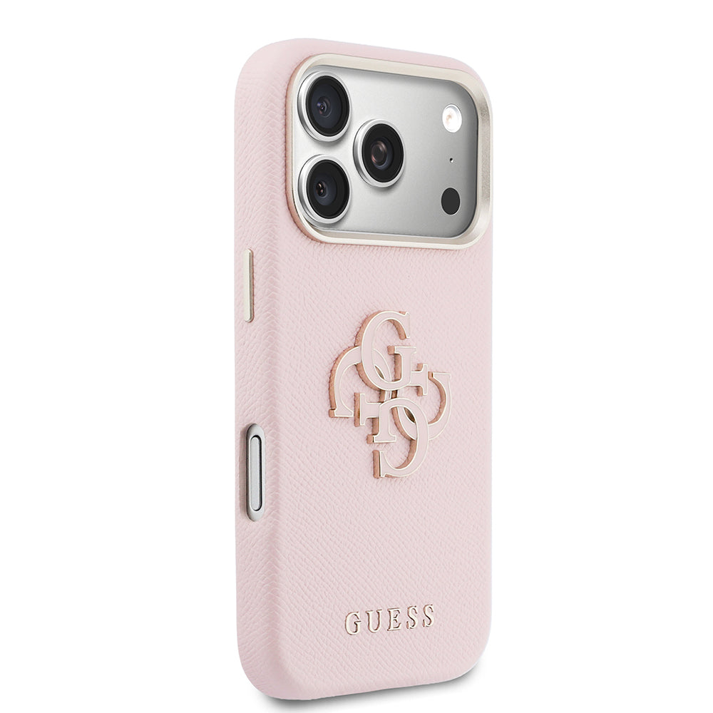 Apple iPhone 17 Pro Kılıf Guess 4G Büyük Metal Kamera Çerçeveli PU Deri Resin Kapak Pembe